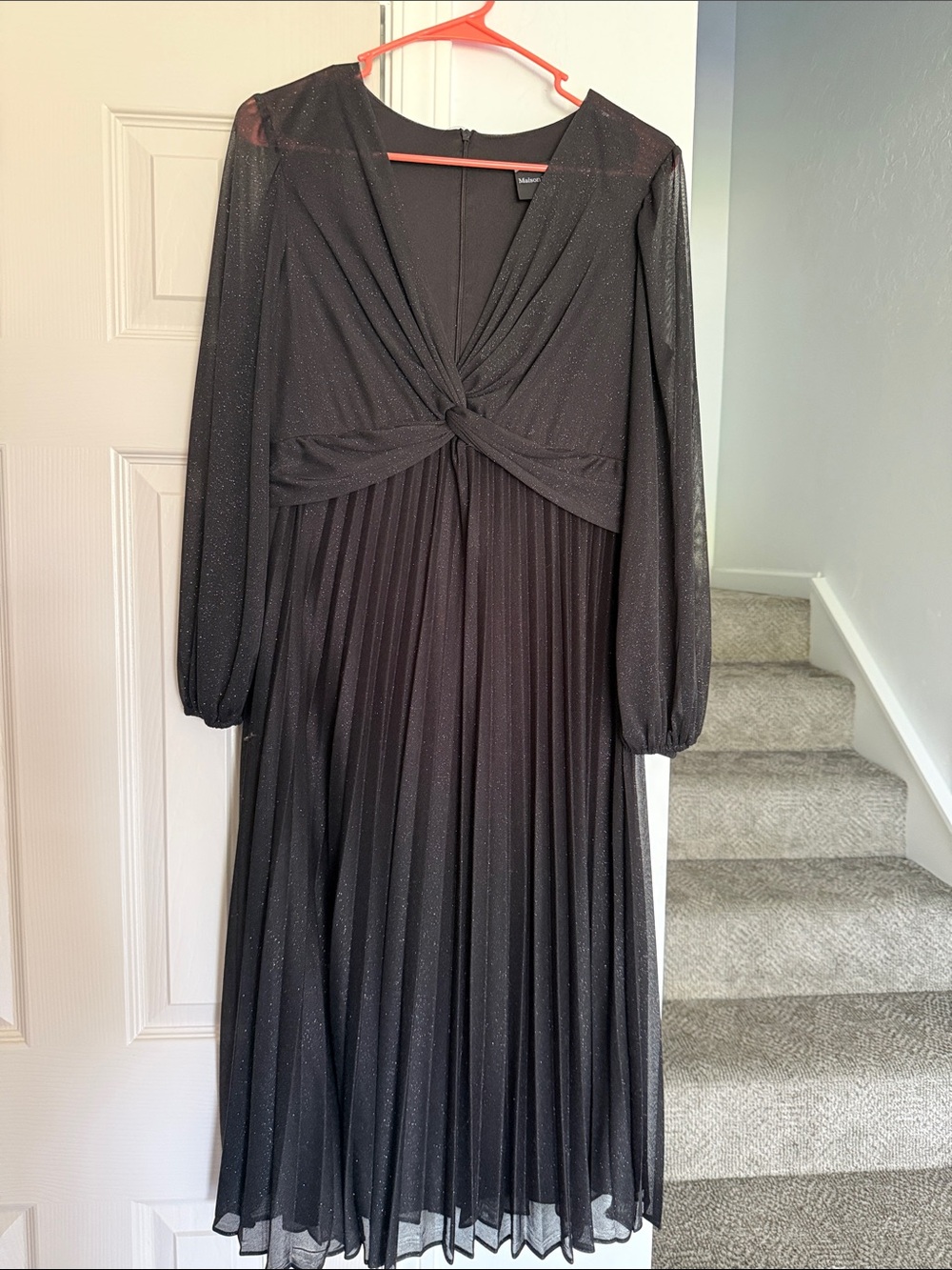 Maison Tara Black Sparkle Long Sleeve Pleated Midi Dress